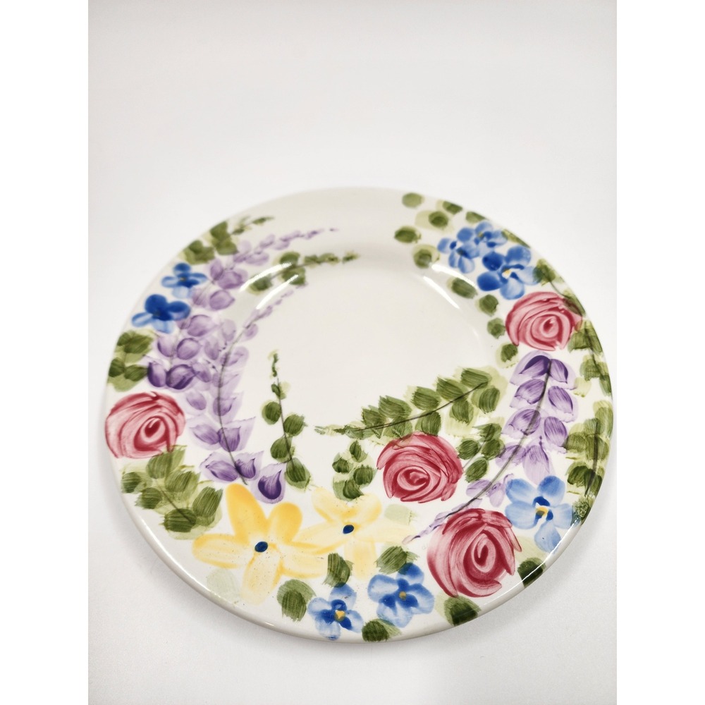 Tabletops Unlimited Valentino Hand Painted Floral Ceramic Plate Pink Rose Yellow